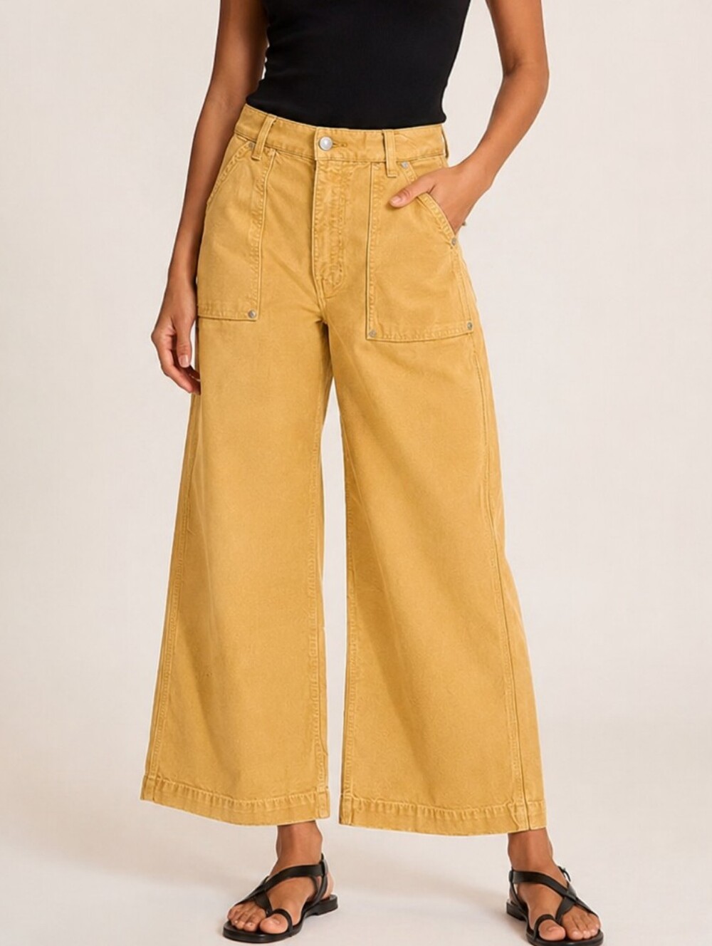 Flamingals Mid Waist Wide Leg Mustard Yellow Pants Raw Hem NWT Medium